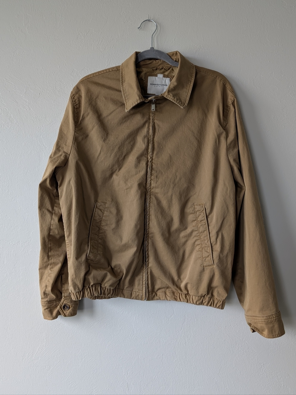 Denim & Flower Brown Bomber Jacket Zip Up Size L Utility Casual Elastic Hem